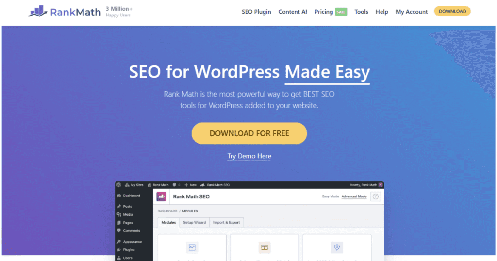 Rank Math SEO plugin for WordPress with tools for optimizing website content.