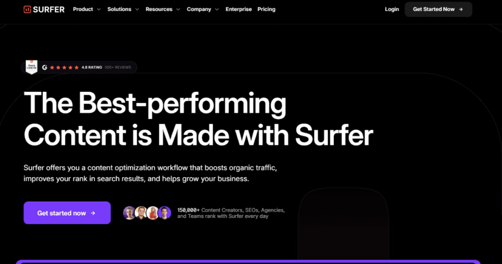 Surfer SEO content optimization tool for writing blog posts and improving search rankings.
